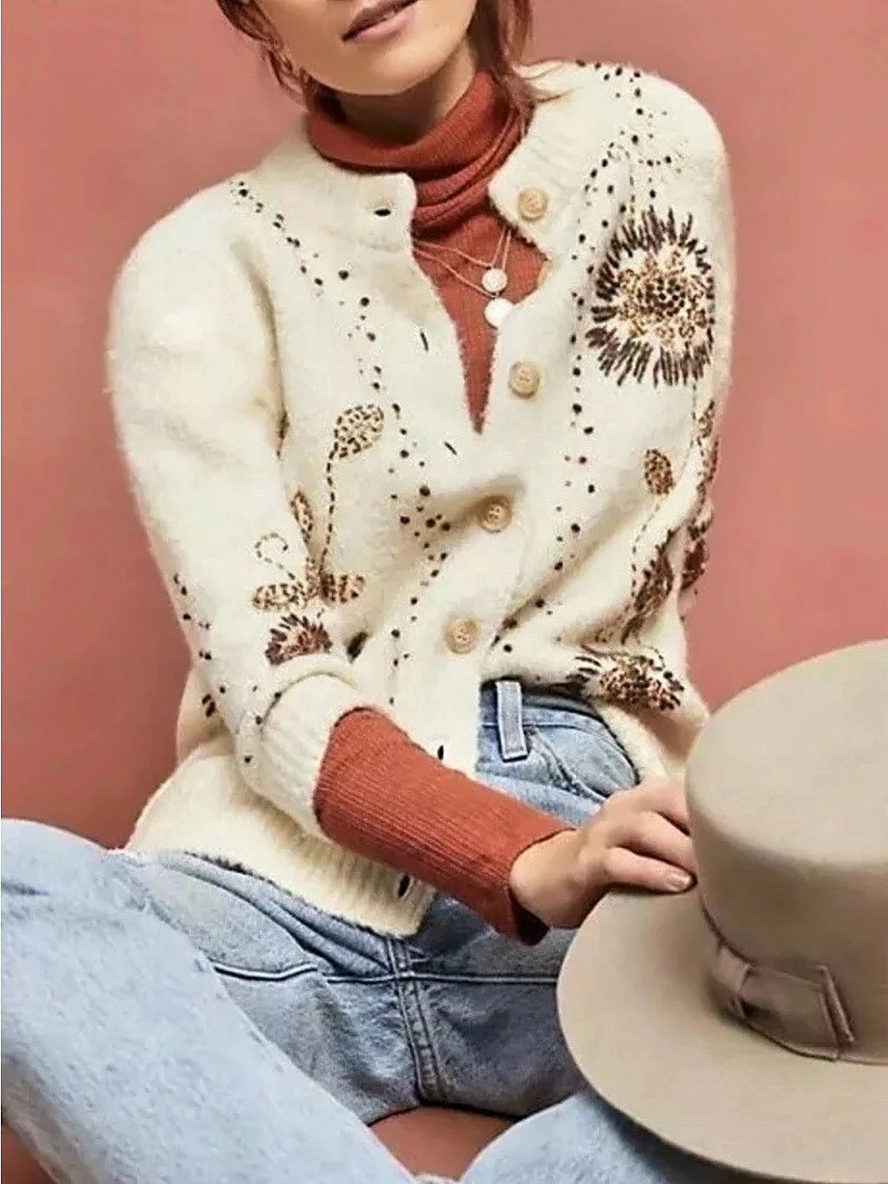 Field Flower Pearl Embellished Floral Cardigan Cream & Brown XS